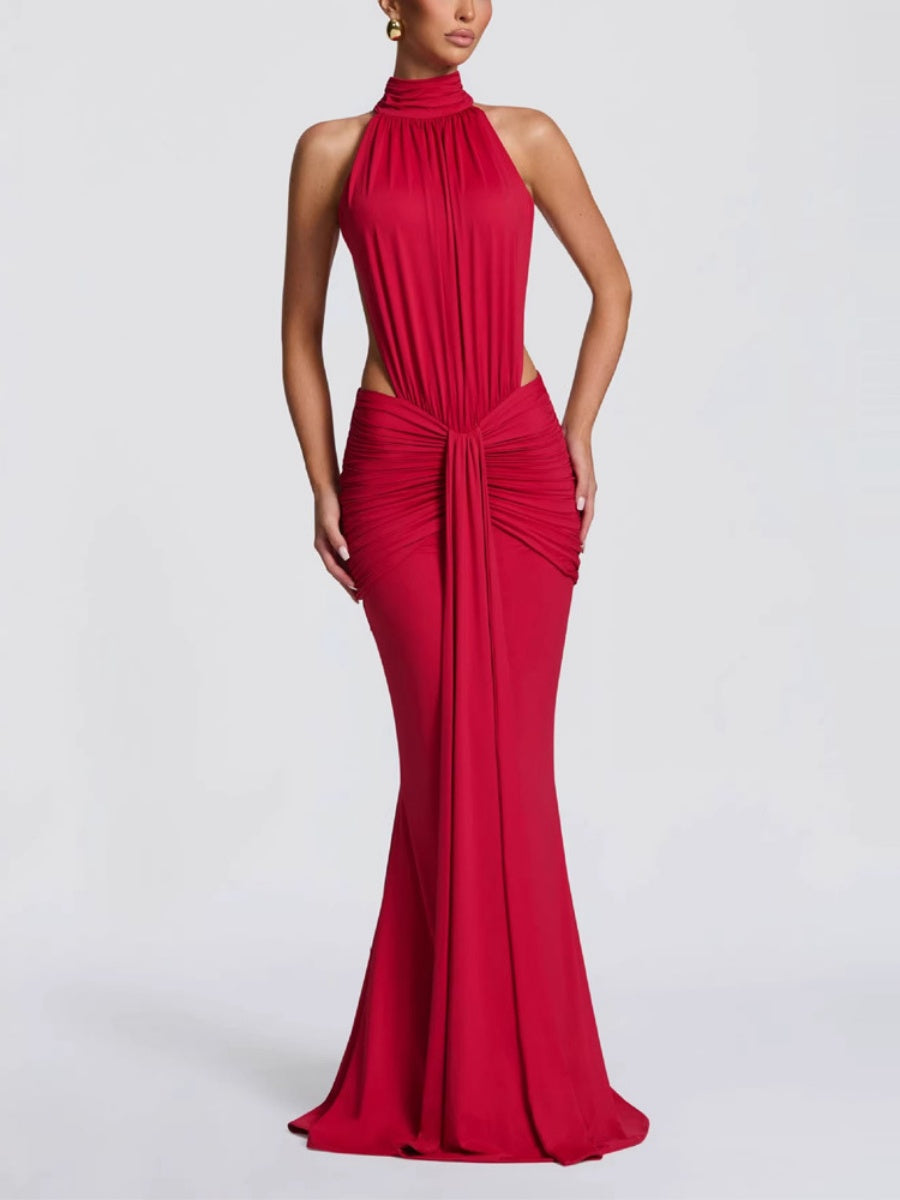 Turtleneck Gathering Hollow Backless Temperament Banquet Maxi Dresses