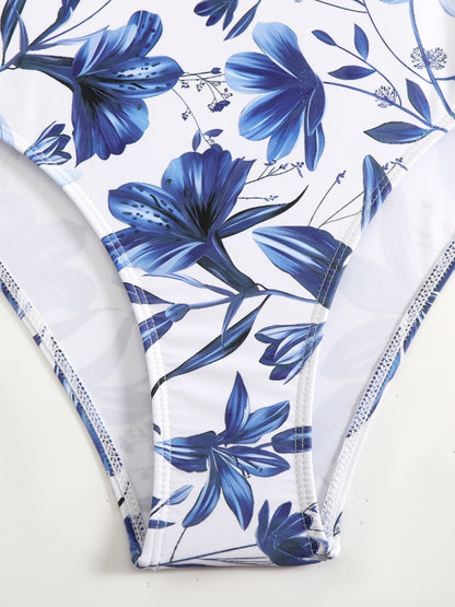 Blue And White Porcelain Print One-piece Slimming And Figure-flattering Long Swimsuit And Sun Protection Dress Two-piece Set