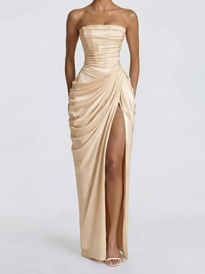 Pleated Slit Strapless Waist Maxi Dresses