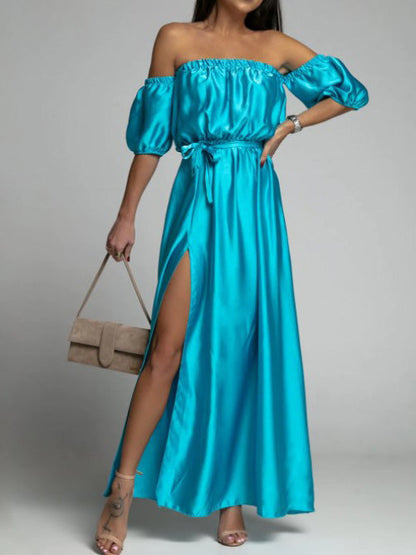 One-Shoulder Short Sleeve Slit Dress