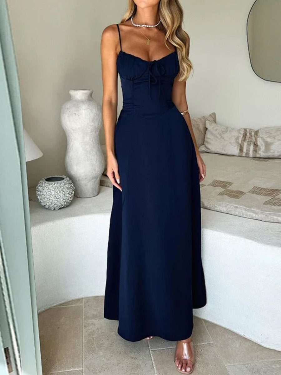Lace-up A-line Solid Color Suspender Long Dress