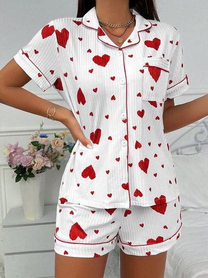 Heart-print Cardigan With Collar And Button-down Short Sleeves And Shorts, Two-piece Loungewear Set