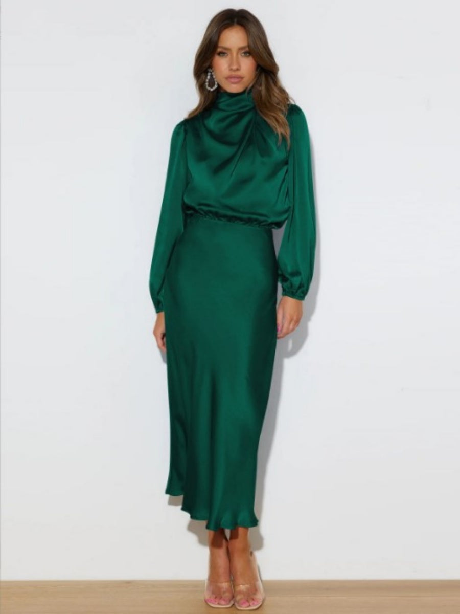 Satin Long Sleeve Zipper Solid Color Maxi Dresses