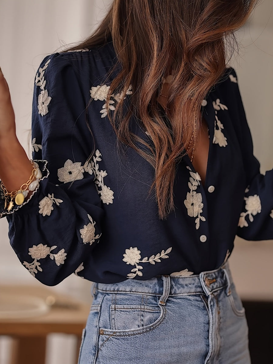 Floral Embroidery Color-blocked V-neck Lantern Sleeve Shirt