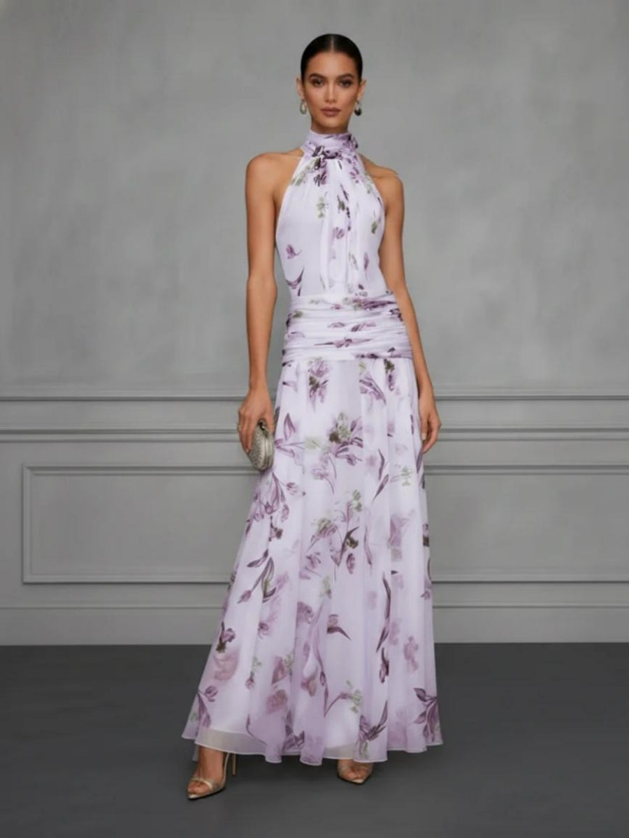 Halter Printed Temperament Waist Parties Maxi Dresses