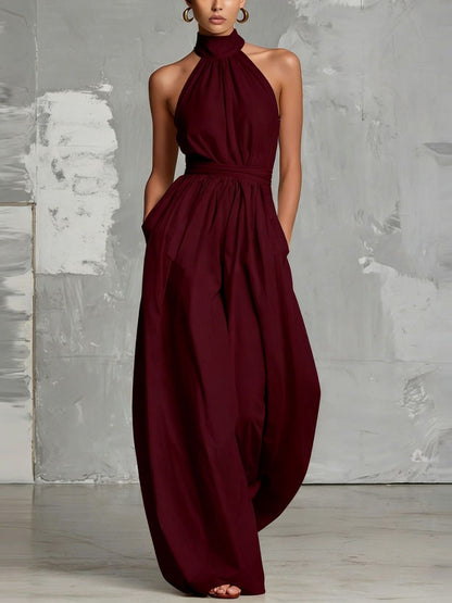 Waist-cinching Halter Neck Tie-up Pleated Jumpsuit