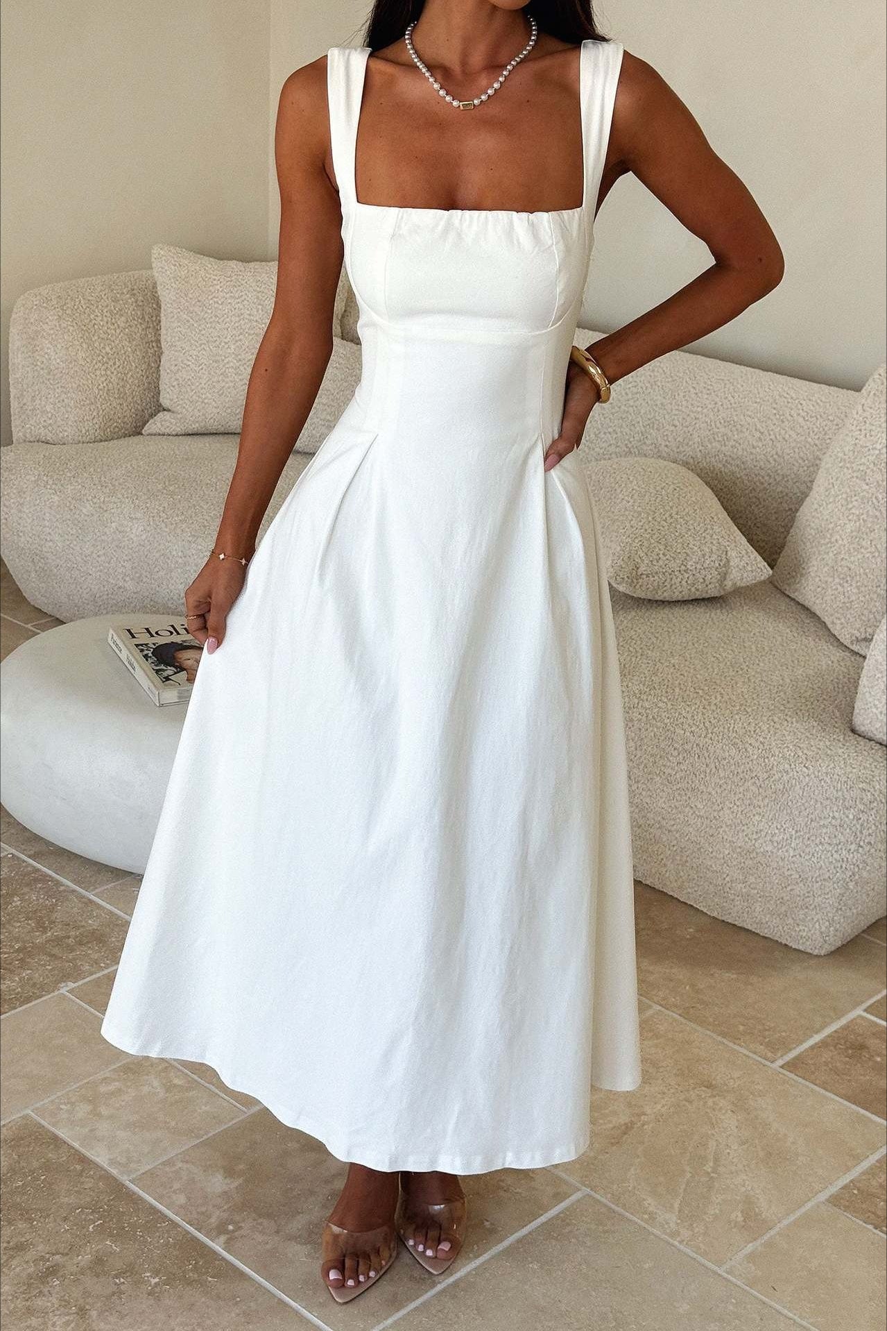 Square Neck Wide Strap Princess Seam Corset Bodice Flared Midi Dress