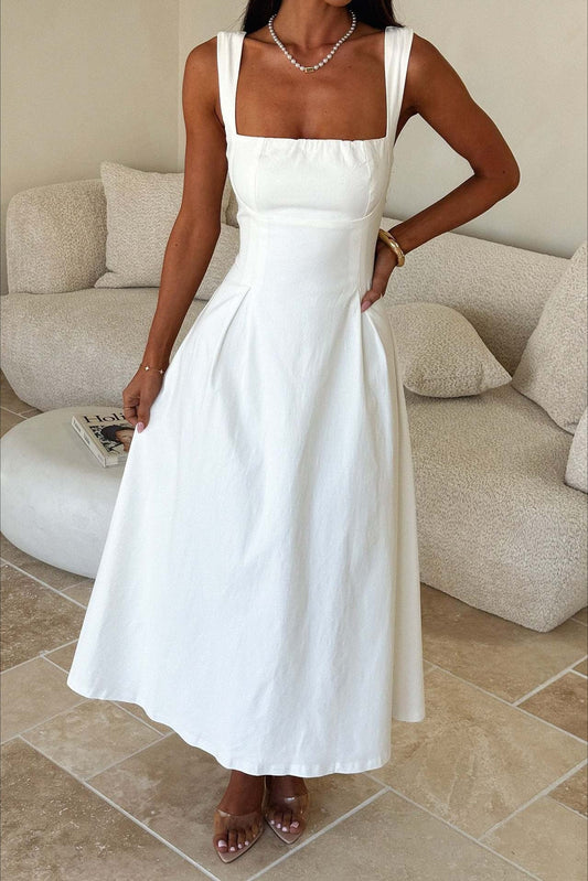 Square Neck Wide Strap Princess Seam Corset Bodice Flared Midi Dress