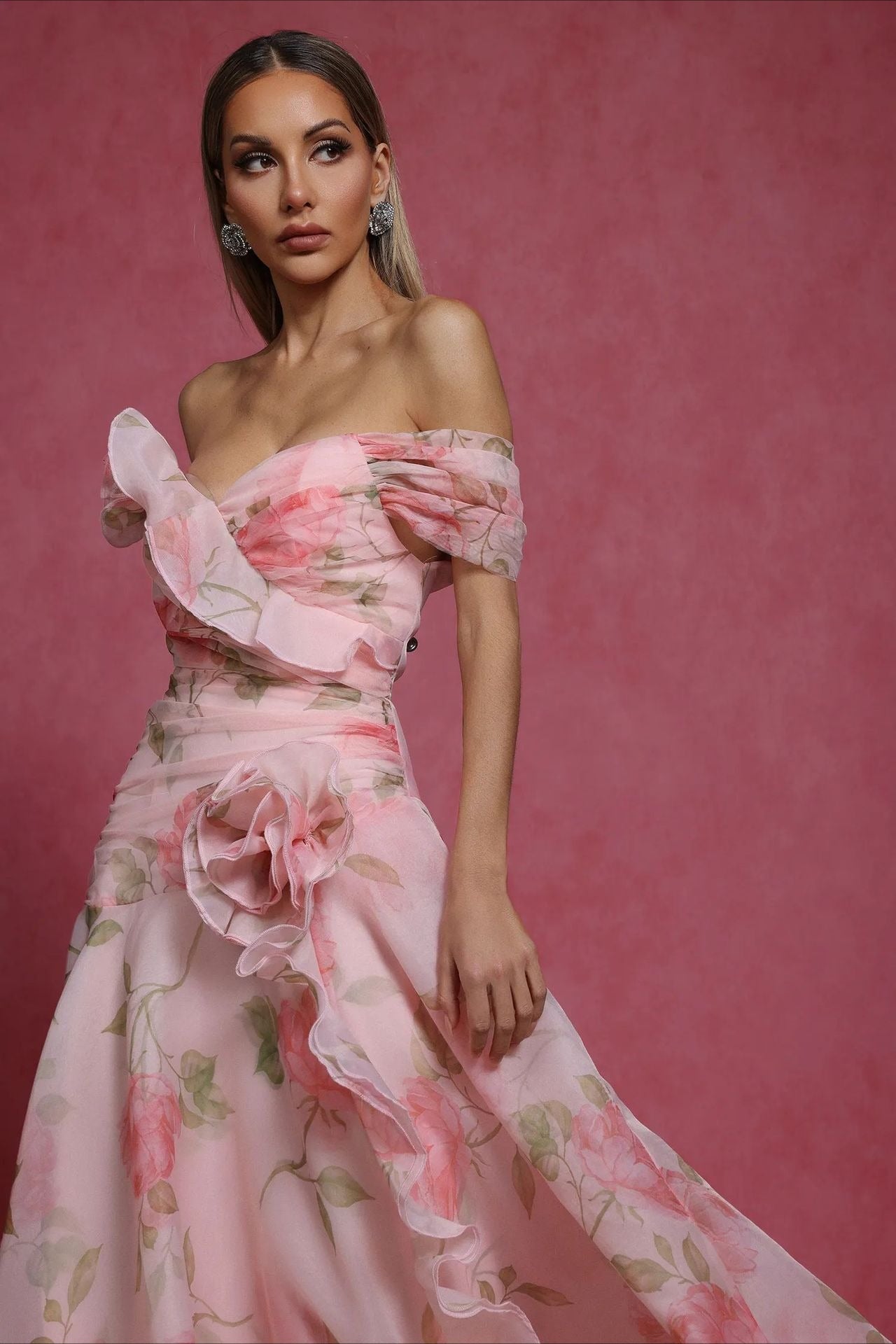 Floral Print 3D Applique Off-Shoulder Sweetheart A-Line Maxi Gown