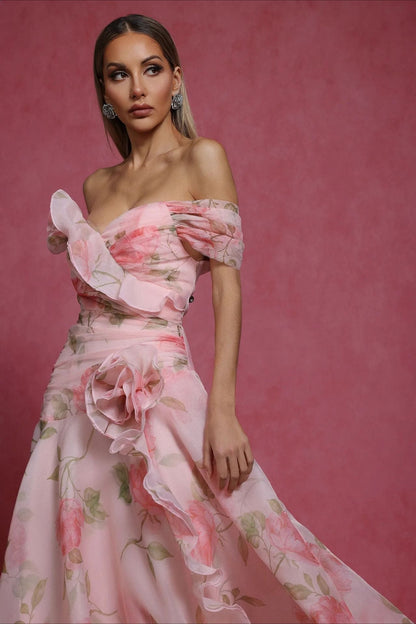 Floral Print 3D Applique Off-Shoulder Sweetheart A-Line Maxi Gown