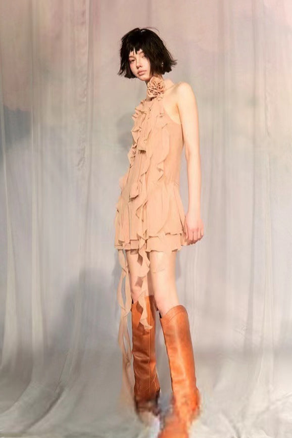 Halter Rosette Neck Ruffled Streamer Trim Mini Dress