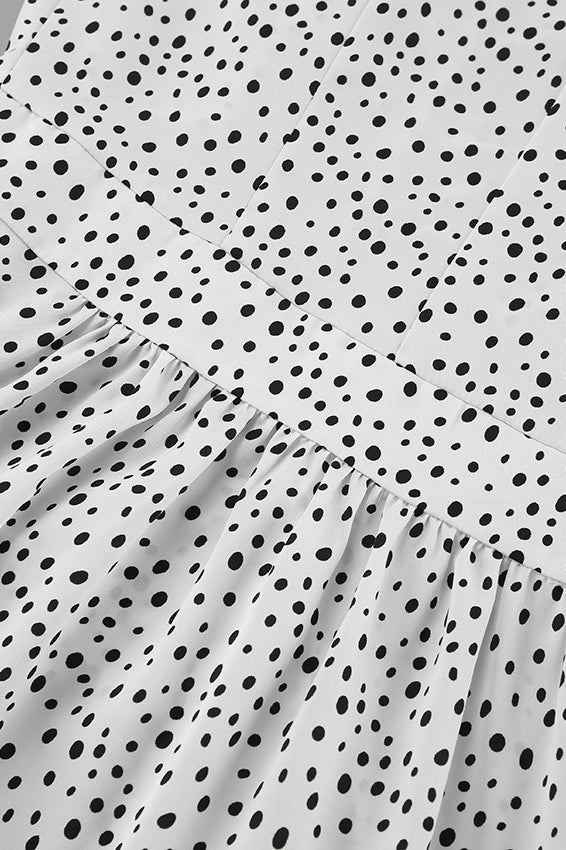 Polka Dot Print Rosette Neck Ruched Front Puff Shoulder Long Sleeve Midi Dress