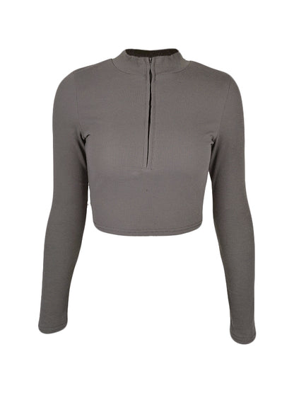 Solid Color Ribbed Zip Up Crop Long Sleeve Knit