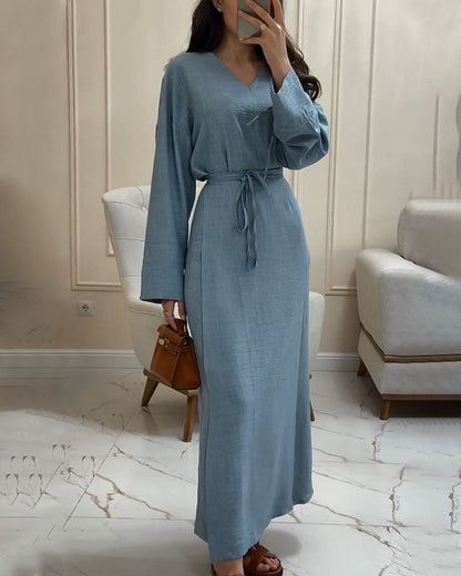 Linen-Look V-Neck Tie Waist Long Sleeve Relaxed Maxi Dress