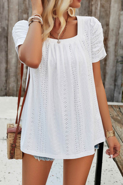 Square Neck Puff Sleeve Hollow Out Blouse