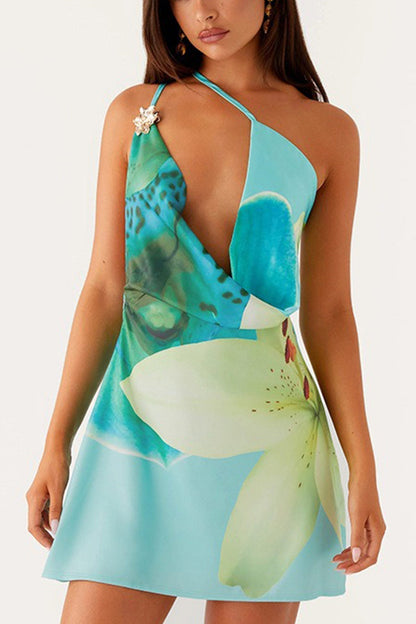 One Shoulder Teardrop Cutout Abstract Print Draped Mini Dress