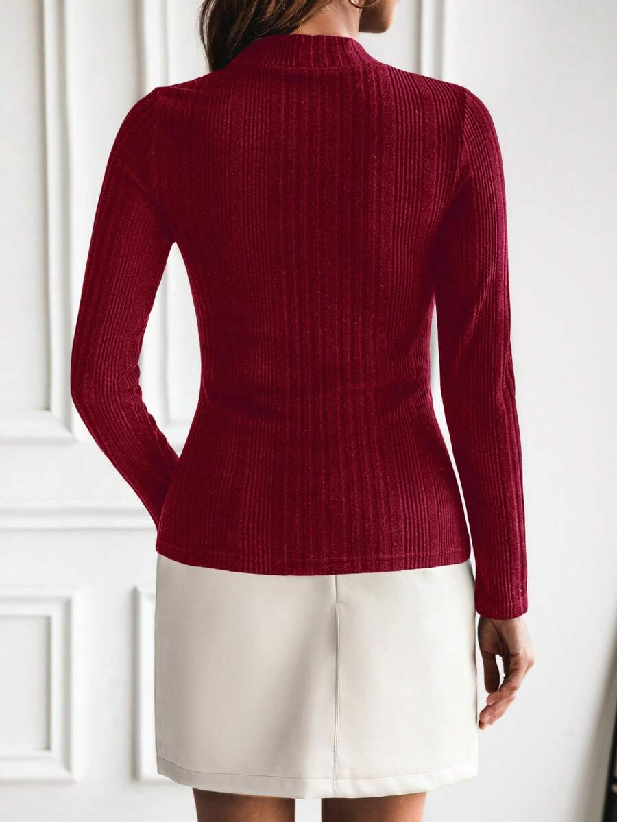 Burgundy Stand Collar Button Detail Slim Fit Long Sleeve Rib Knit Tee For Office And Casual