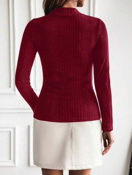 Burgundy Stand Collar Button Detail Slim Fit Long Sleeve Rib Knit Tee For Office And Casual
