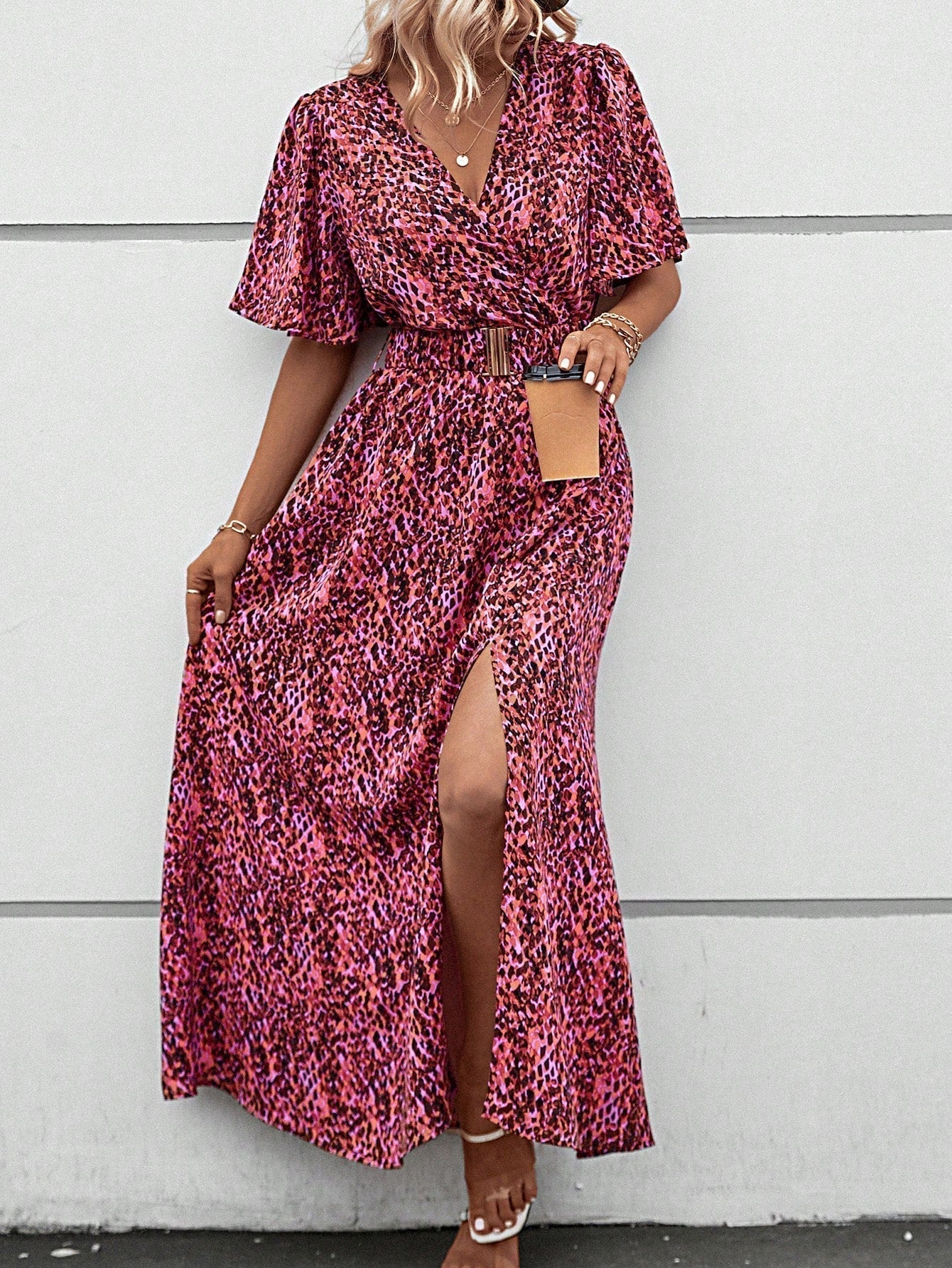 Print Wrap Flutter Sleeve Belted High Slit Maxi Dress