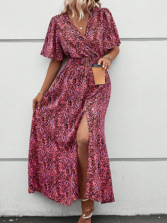 Print Wrap V-Neck Flutter Sleeve Belted High-Slit Maxi Dress