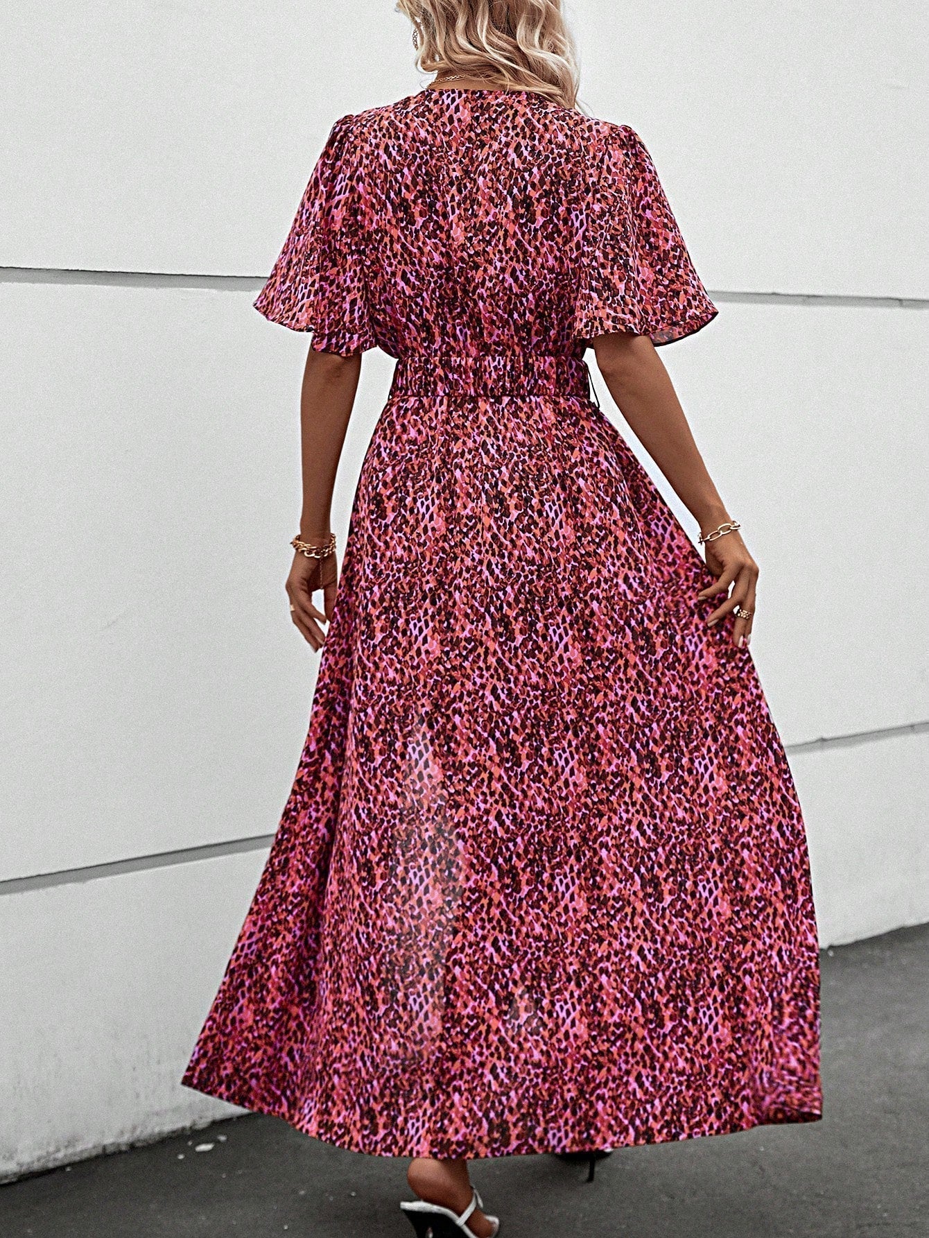 Print Wrap Flutter Sleeve Belted High Slit Maxi Dress