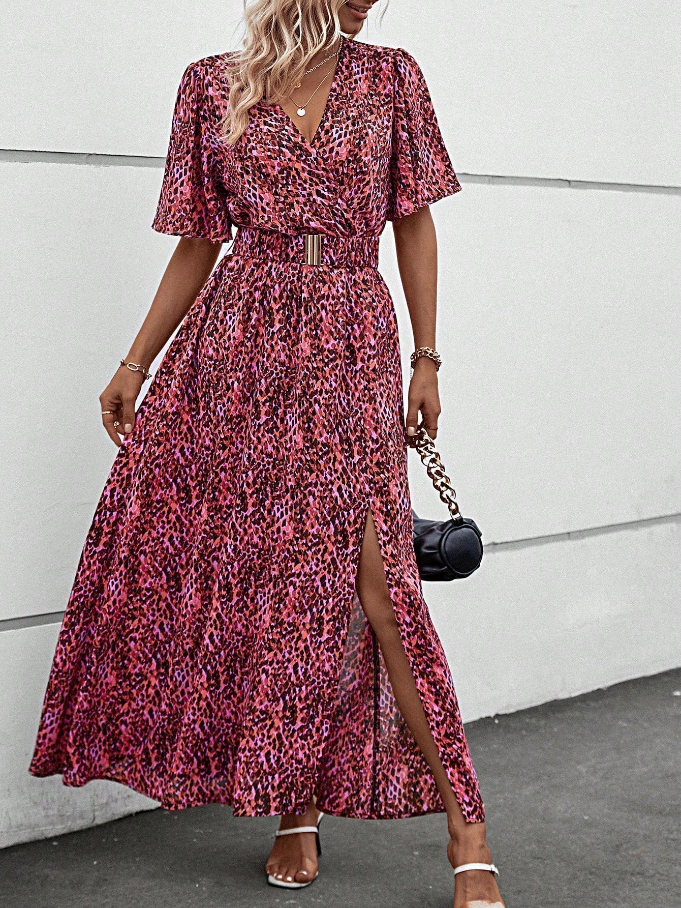Print Wrap V-Neck Flutter Sleeve Belted High-Slit Maxi Dress