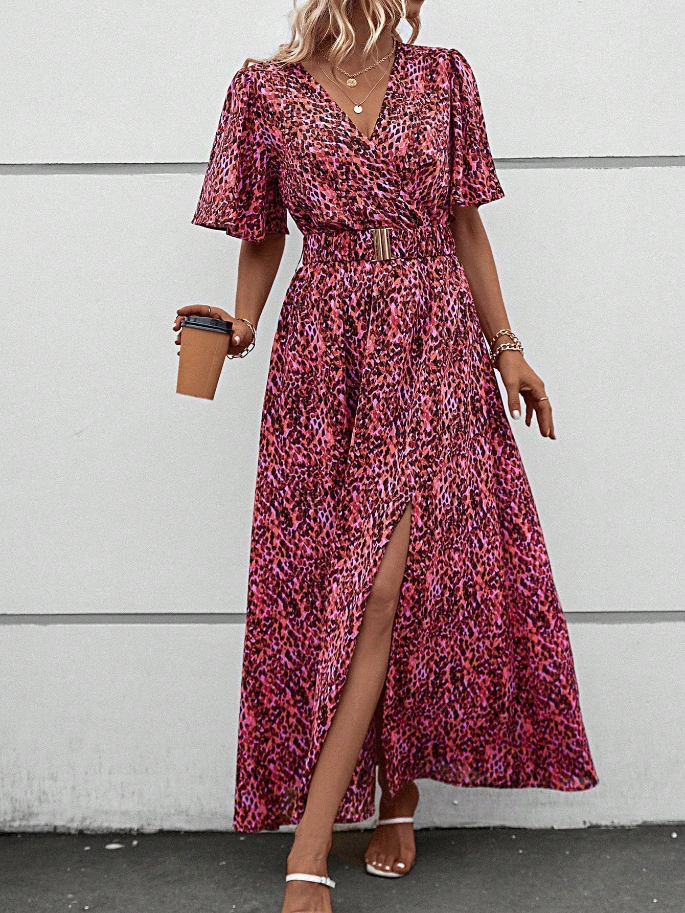 Print Wrap Flutter Sleeve Belted High Slit Maxi Dress