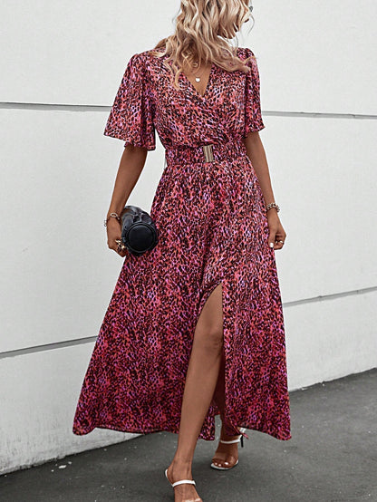 Print Wrap V-Neck Flutter Sleeve Belted High-Slit Maxi Dress