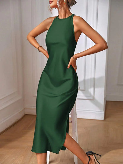 Satin Maxi Dress Sleeveless Split Thigh Wedding