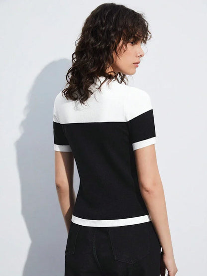 Two Tone Knit Top Short Sleeve Casual Effortless Style
