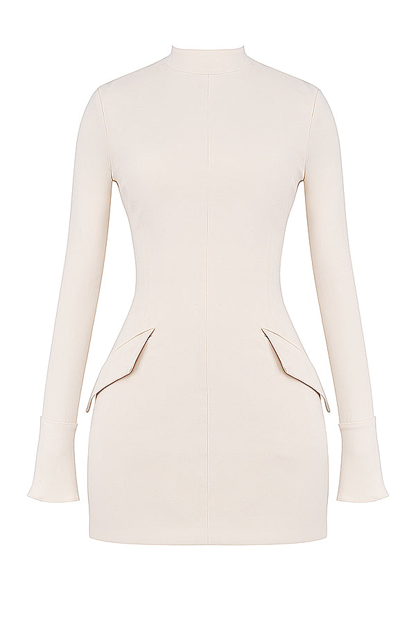 Mock Neck Long Sleeve Flap Pocket Structured Mini Dress