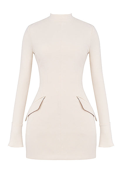 Mock Neck Long Sleeve Flap Pocket Structured Mini Dress