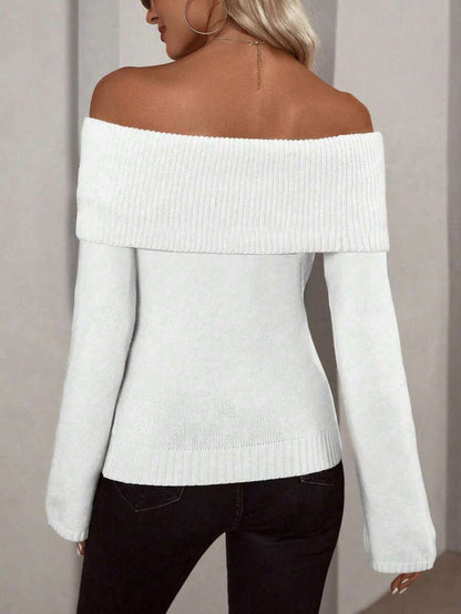 Off Shoulder Foldover Ribbed Knit Jumper