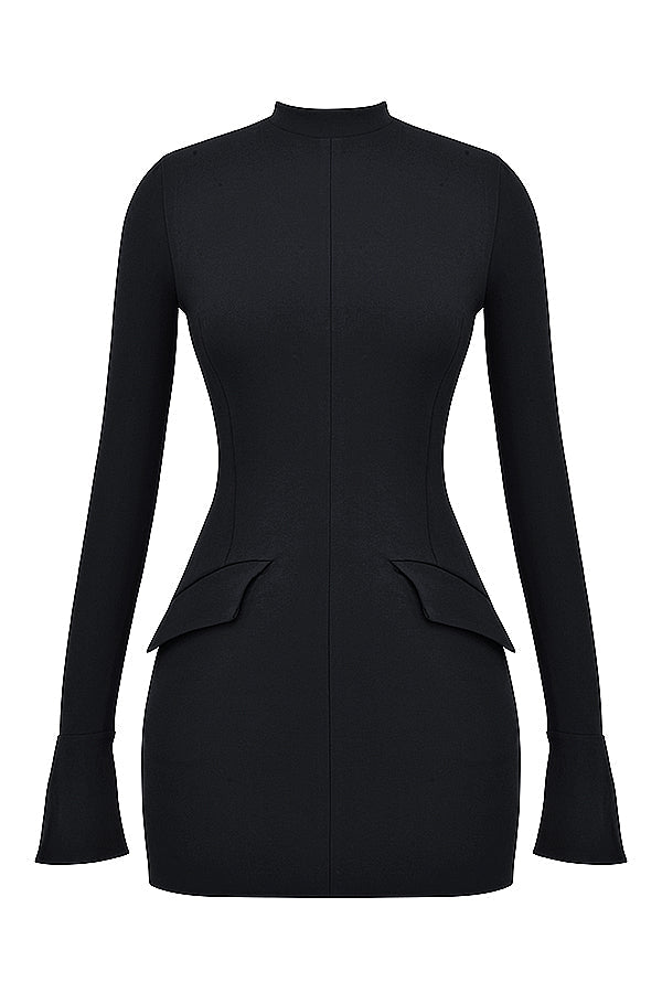 Mock Neck Long Sleeve Flap Pocket Structured Mini Dress