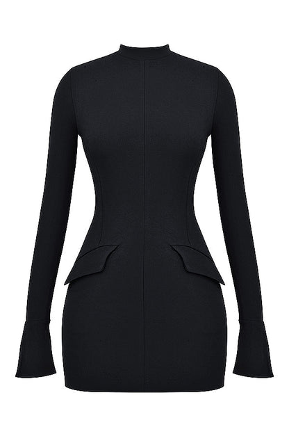 Mock Neck Long Sleeve Flap Pocket Structured Mini Dress