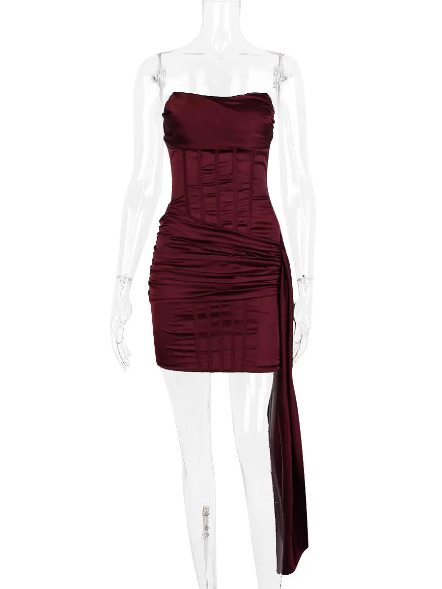 Bodycon Dress Strapless Pleated Asymmetrical Sexy Party Mini Dresses