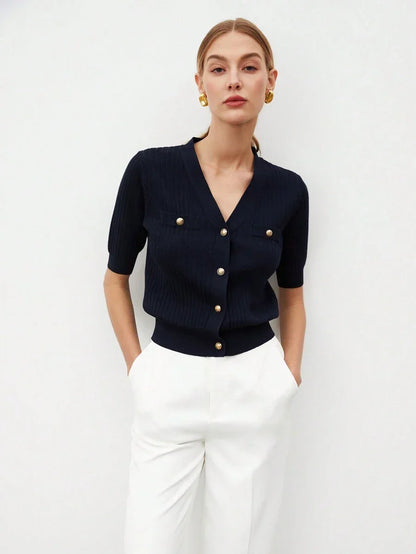 V Neck Knit Top Short Sleeve Office Ready Casual Chic