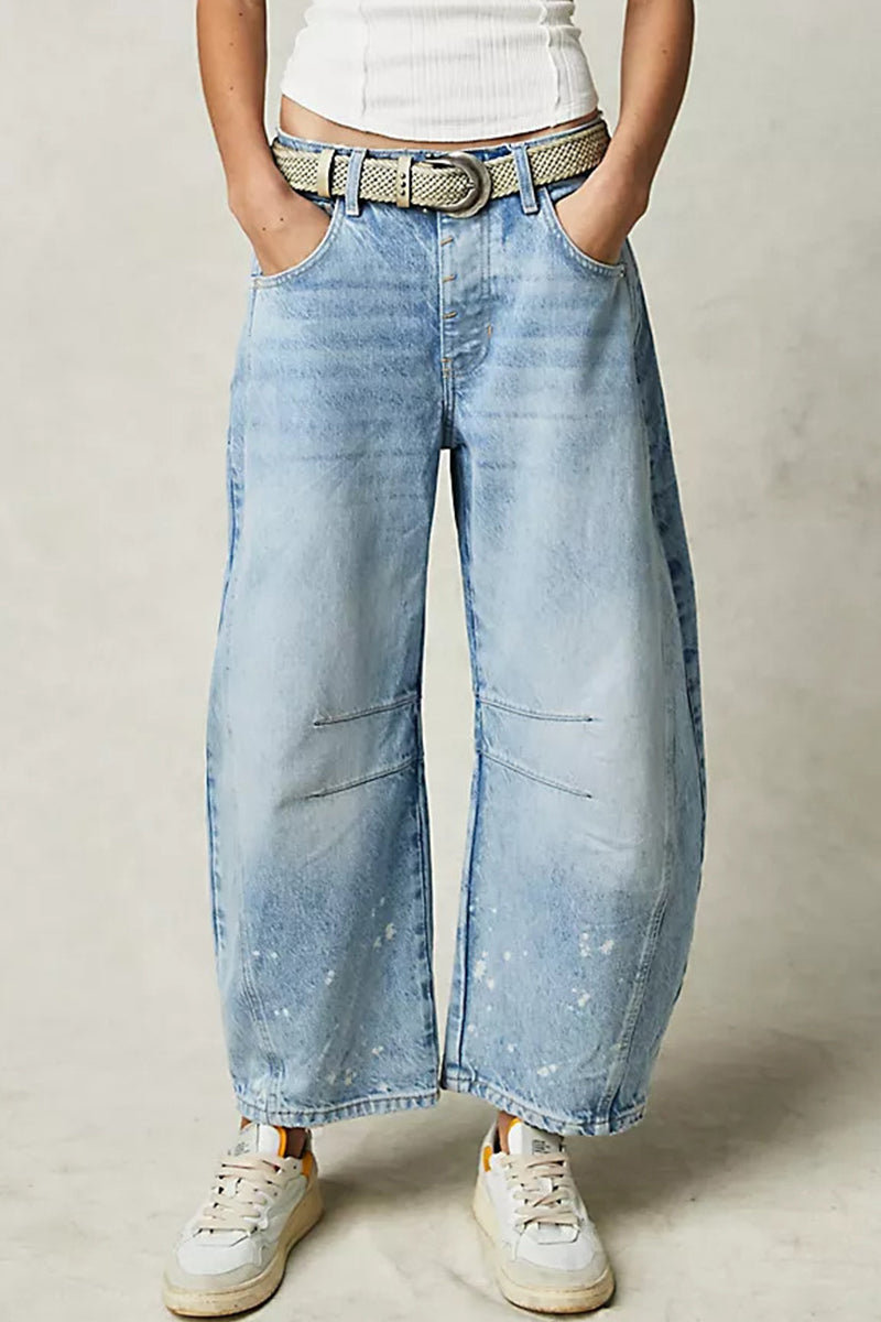 Casual Vintage Solid Pocket Without Belt Mid Waist Loose Denim Jeans(No Belt)