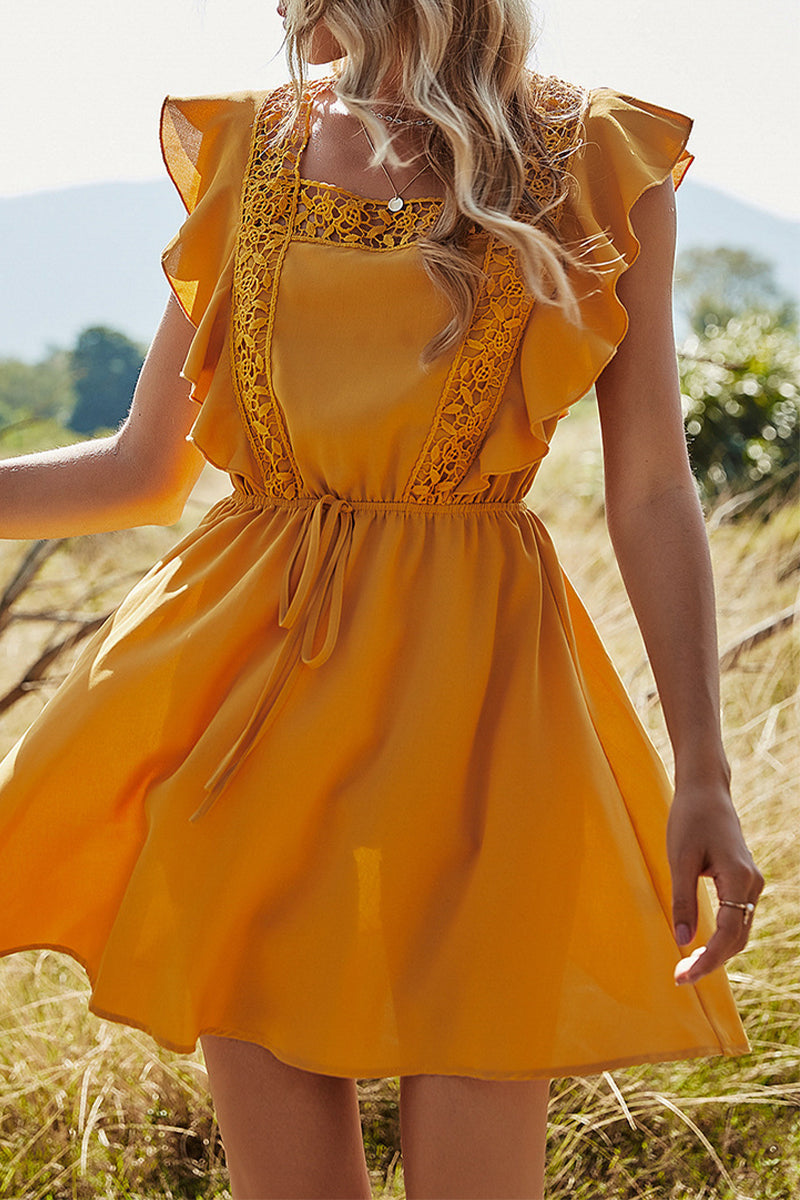 Crochet Lace Square Neck Flutter Sleeve Drawstring Waist Boho Mini Dress