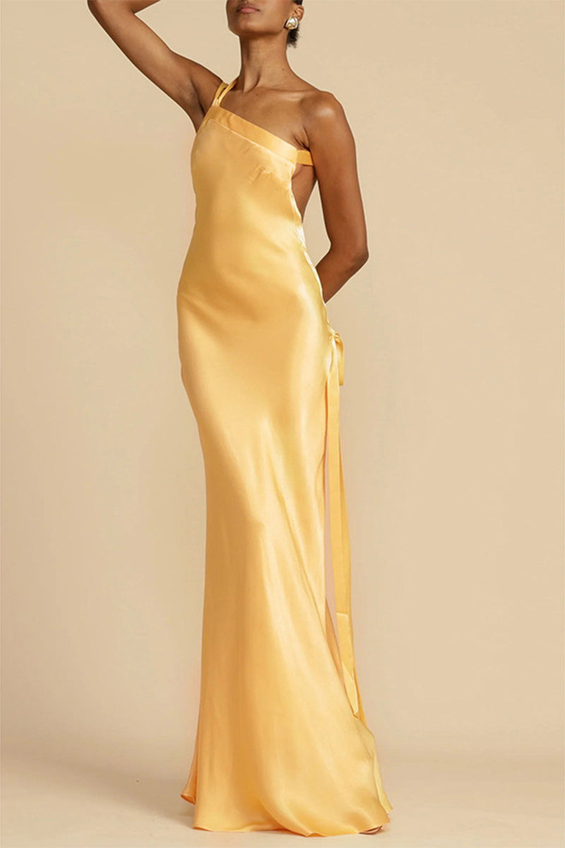 One Shoulder Satin Bias Cut Draped Sash Floor Length Maxi Gown