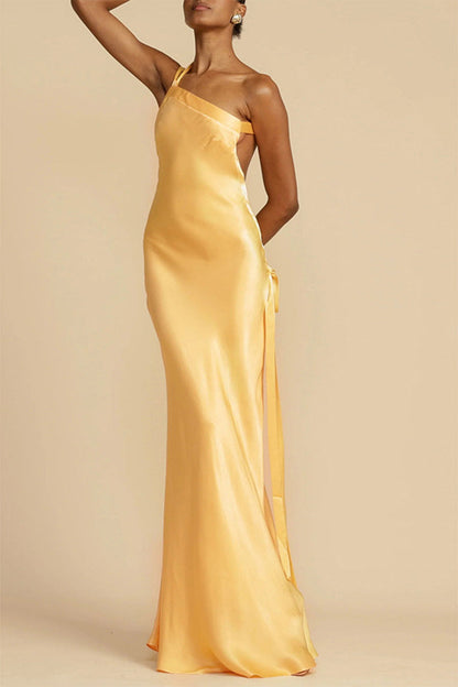 One Shoulder Satin Bias Cut Draped Sash Floor Length Maxi Gown