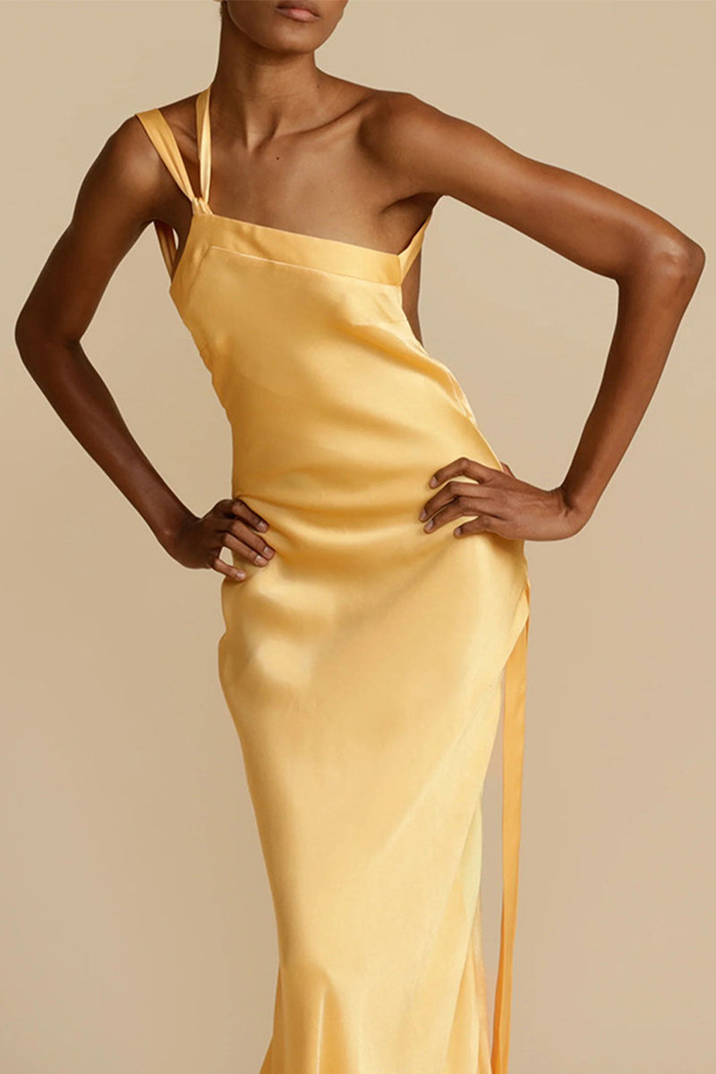 One Shoulder Satin Bias Cut Draped Sash Floor Length Maxi Gown