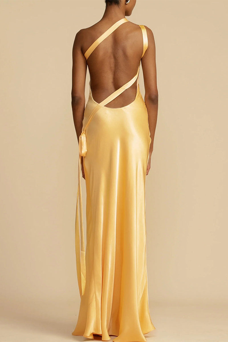 One Shoulder Satin Bias Cut Draped Sash Floor Length Maxi Gown