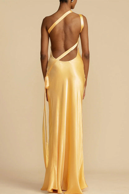 One Shoulder Satin Bias Cut Draped Sash Floor Length Maxi Gown