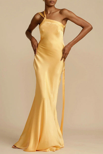 One Shoulder Satin Bias Cut Draped Sash Floor Length Maxi Gown