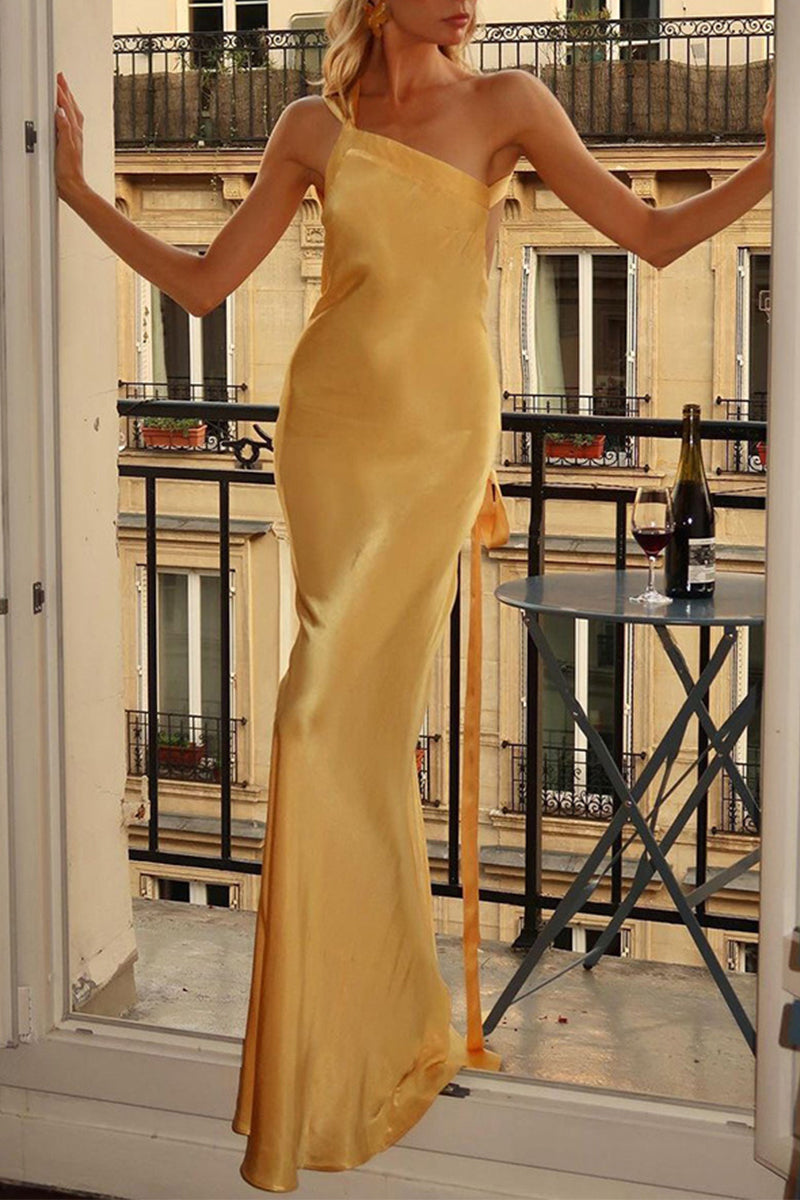 One Shoulder Satin Bias Cut Draped Sash Floor Length Maxi Gown