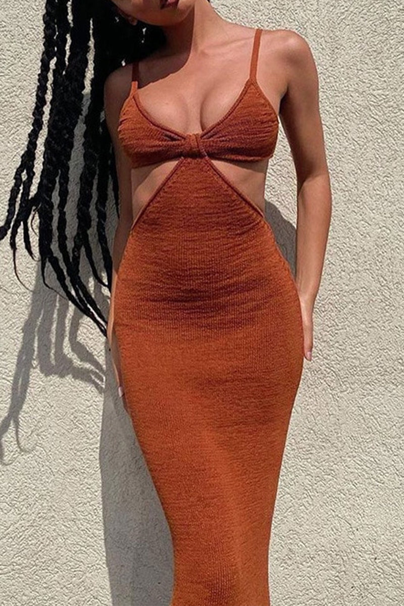 Textured Knit Spaghetti Strap Side Cut-Out Twisted Knot Bodycon Midi Dress