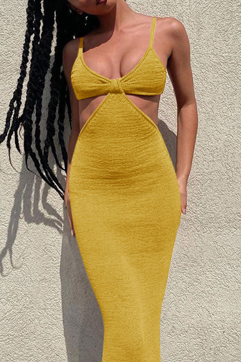 Textured Knit Spaghetti Strap Side Cut-Out Twisted Knot Bodycon Midi Dress