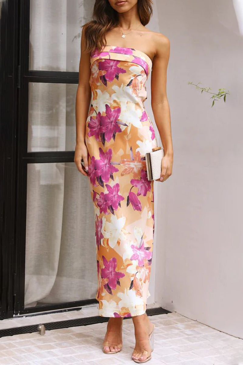 Floral Strapless Foldover Neck Side Slit Satin Maxi Dress