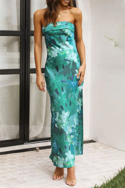Floral Strapless Foldover Neck Side Slit Satin Maxi Dress